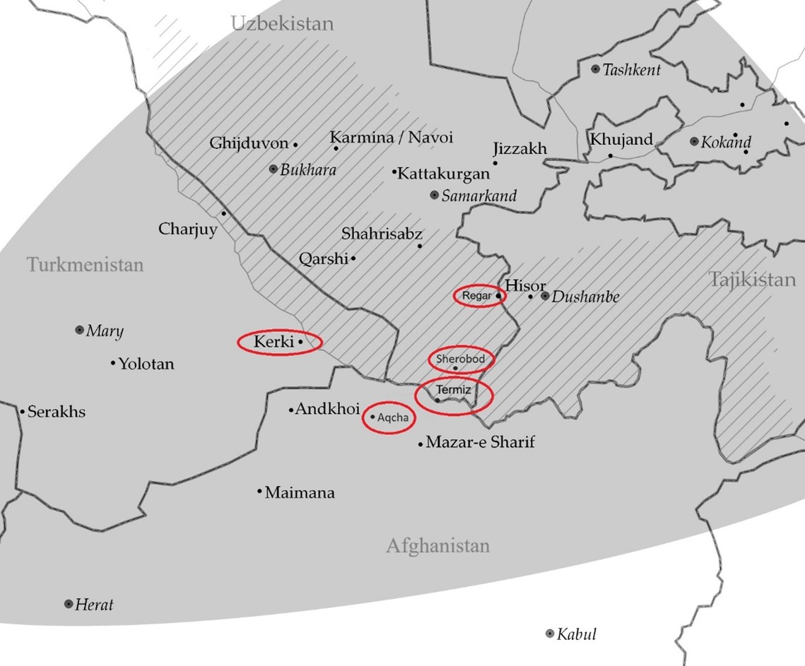 Map (detail) - Soviet Central Asia and Afghanistan with towns